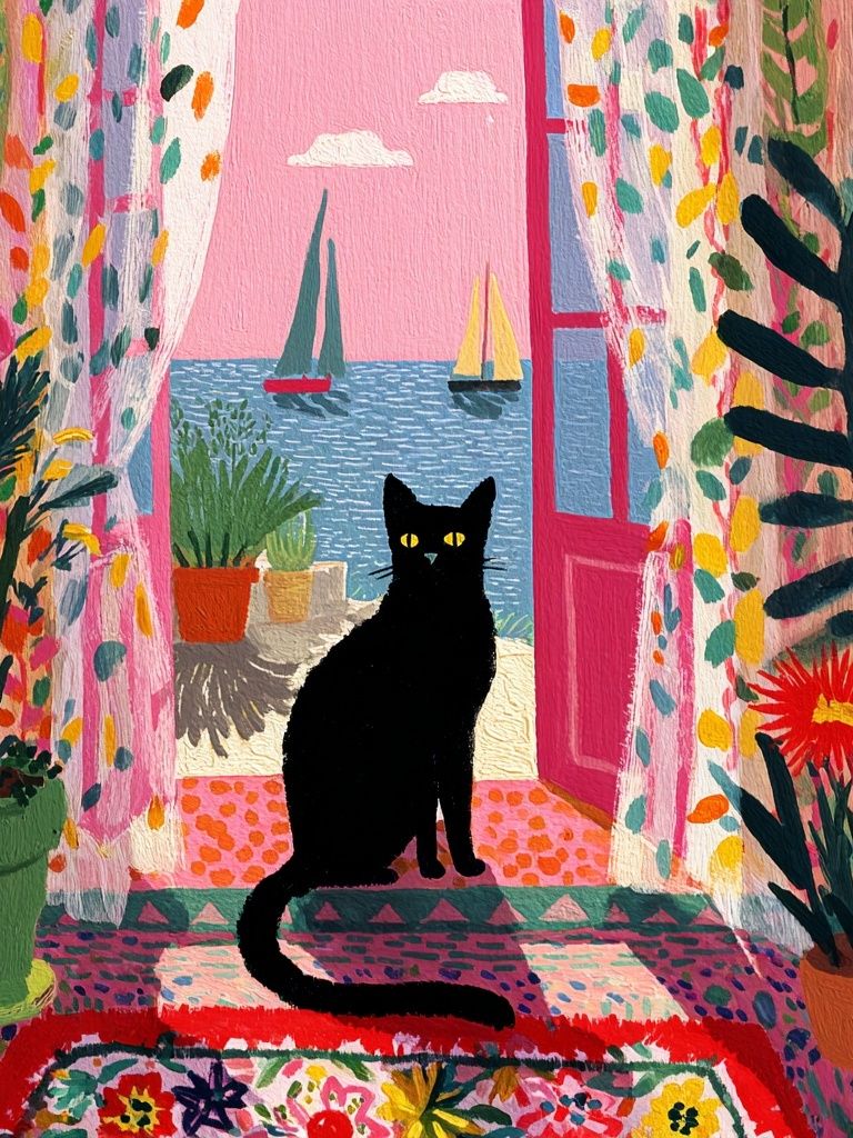 Black Cat by the Sea Illustration Poster. poster — animals art