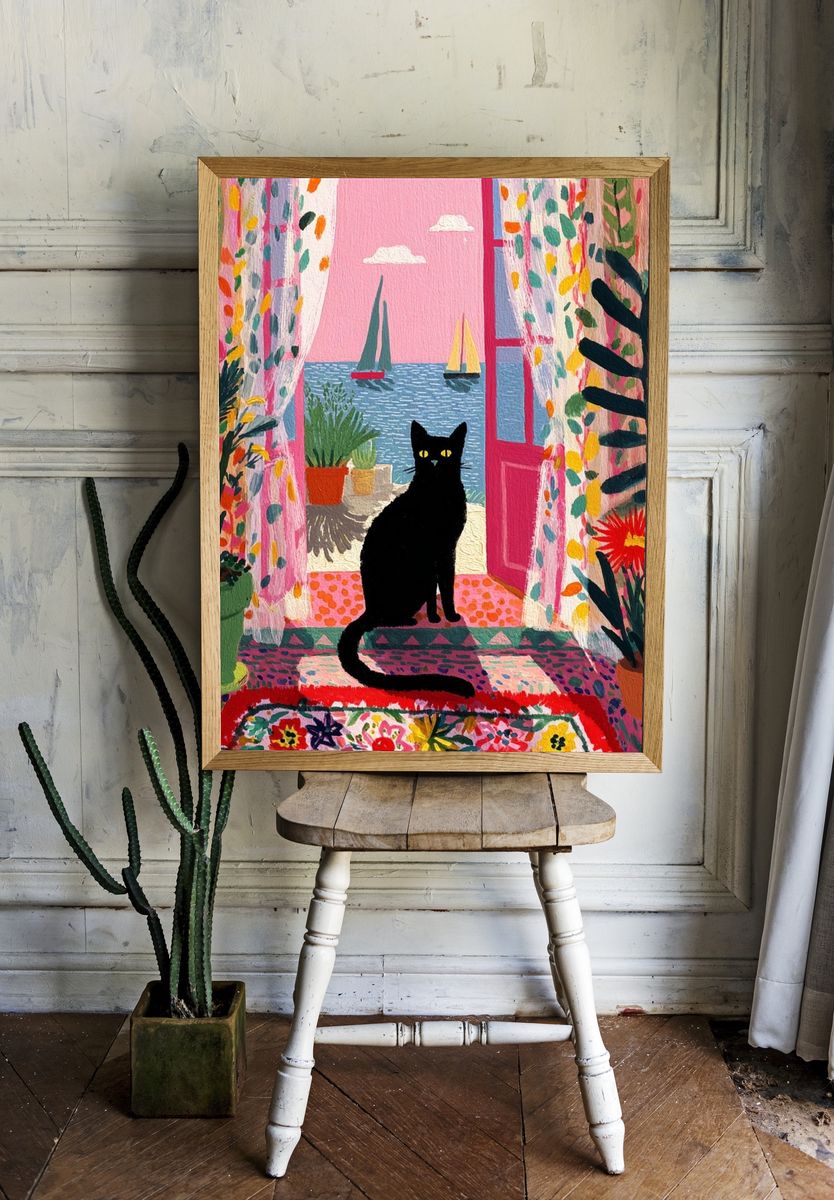 Black Cat by the Sea Illustration Poster. — room view 1