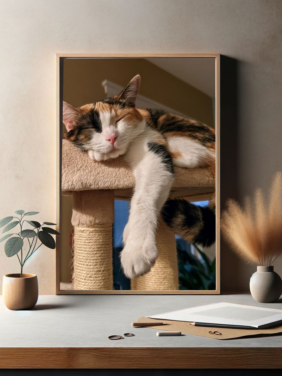 Sleeping Calico Cat Photography Poster. — room view 2