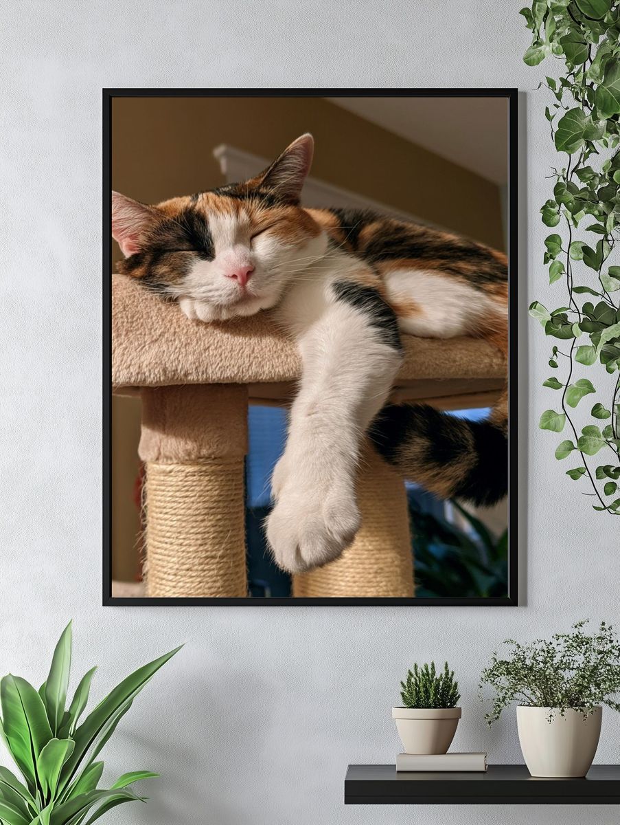 Sleeping Calico Cat Photography Poster. — room view 4