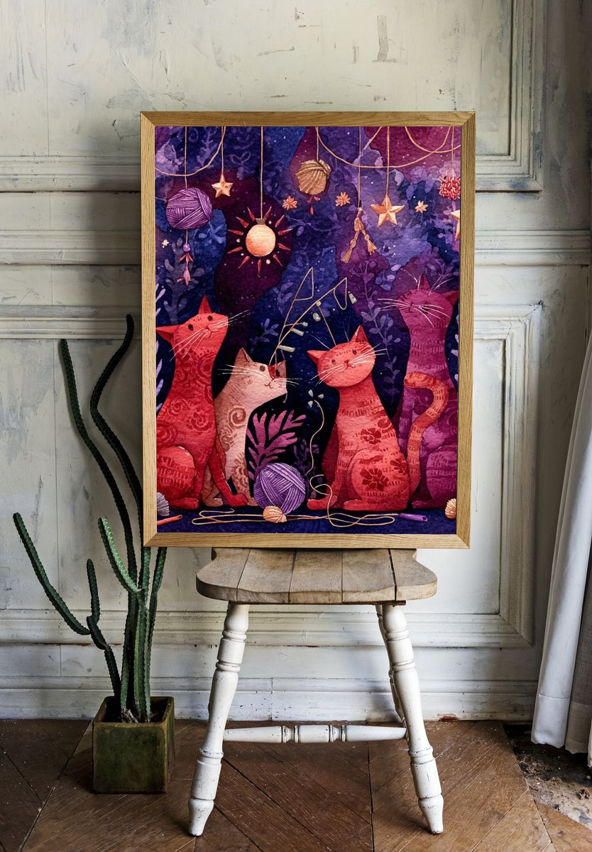 Celestial Cats Watercolor Poster. room preview