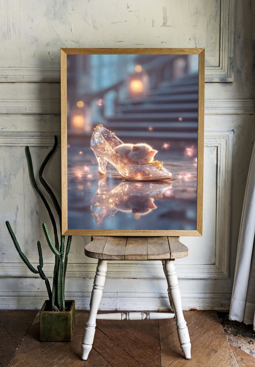 Sleeping Kitten Glass Slipper Print. — room view 1