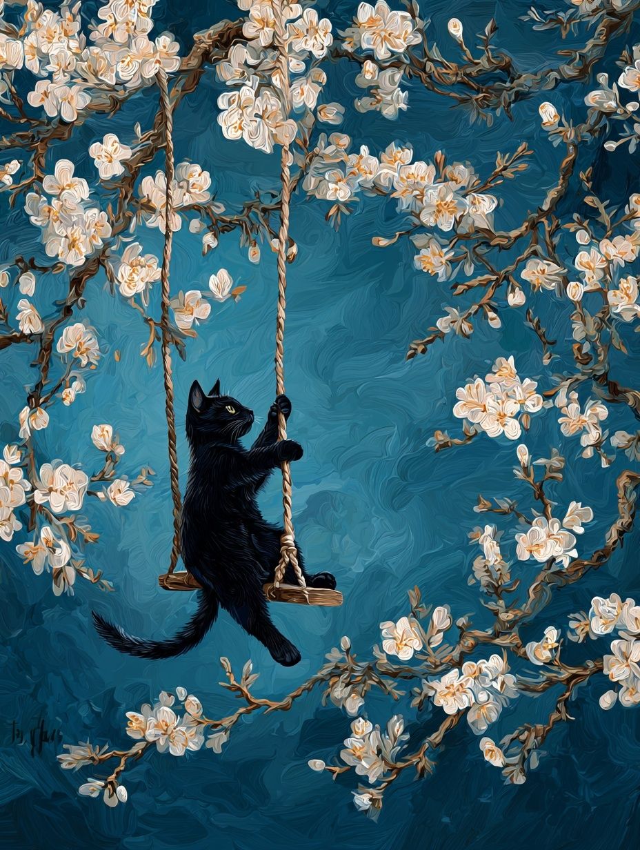 Black Cat Blossom Swing Poster. poster — animals art