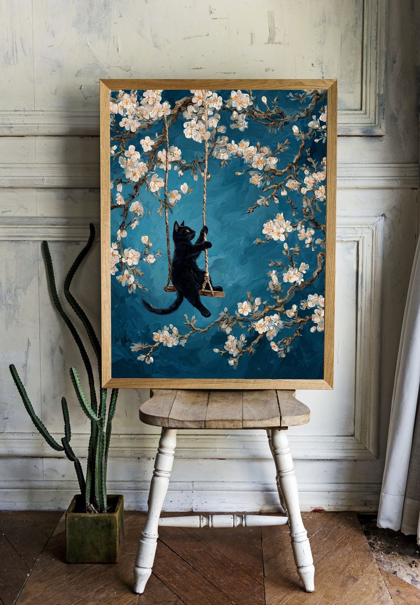 Black Cat Blossom Swing Poster. — room view 1