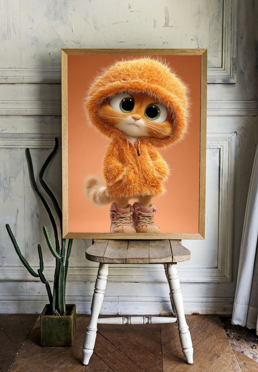 Cute Cat in Hoodie — Illustration Print. — room view 1