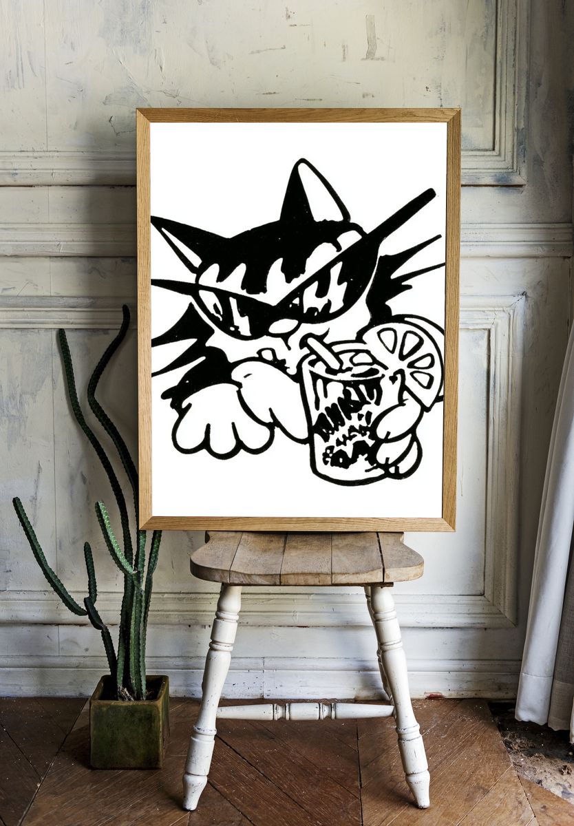 Cat with Drink Illustration Poster. — room view 1