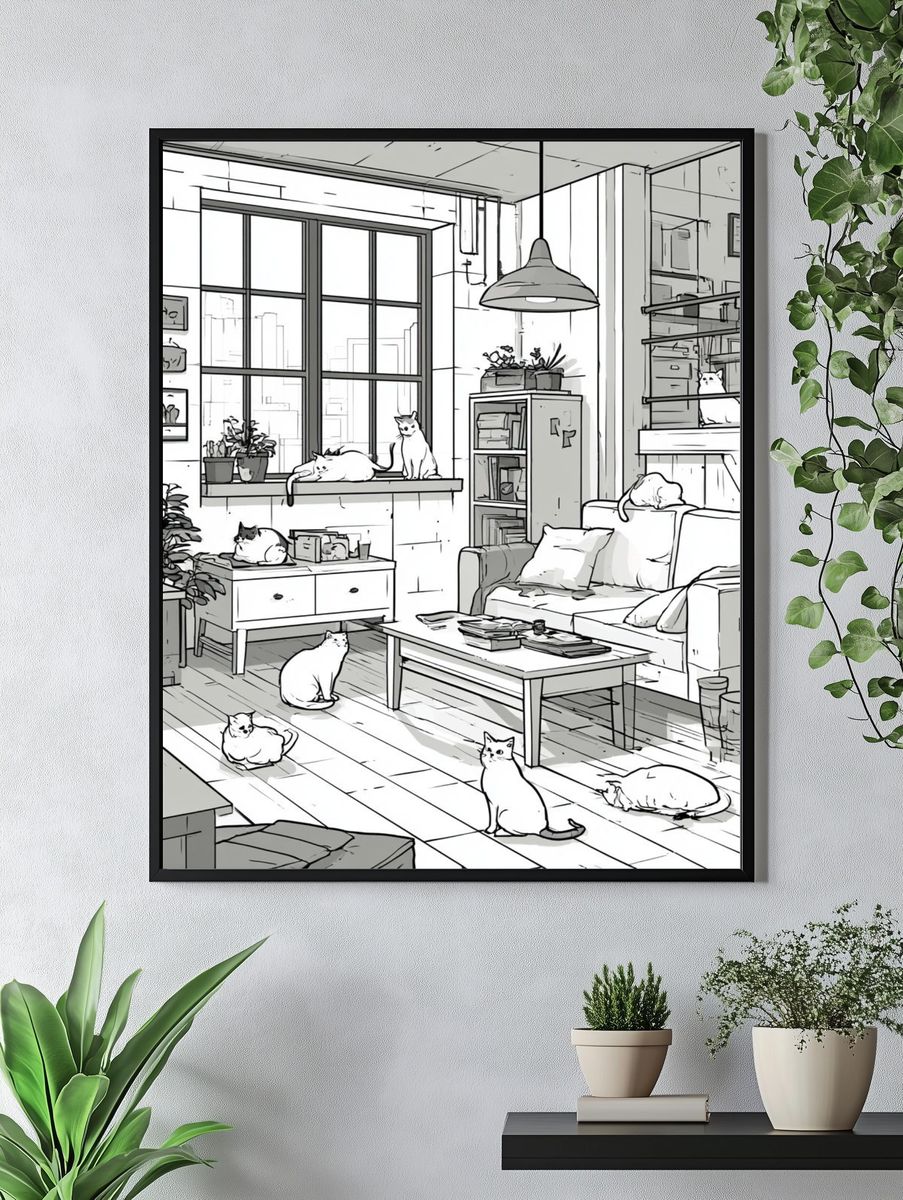 Cozy Cats Loft Illustration Poster. — room view 4