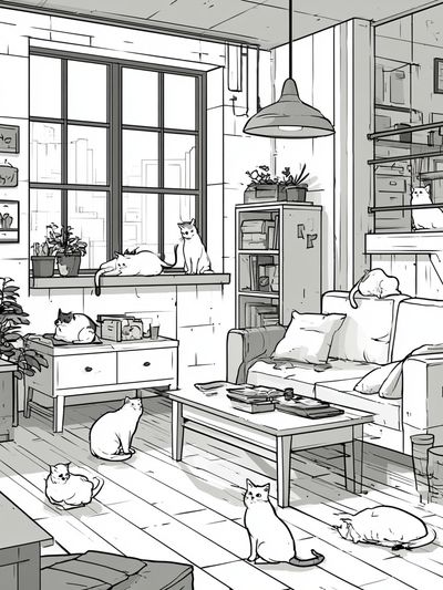 Cozy Cats Loft Illustration Poster. poster