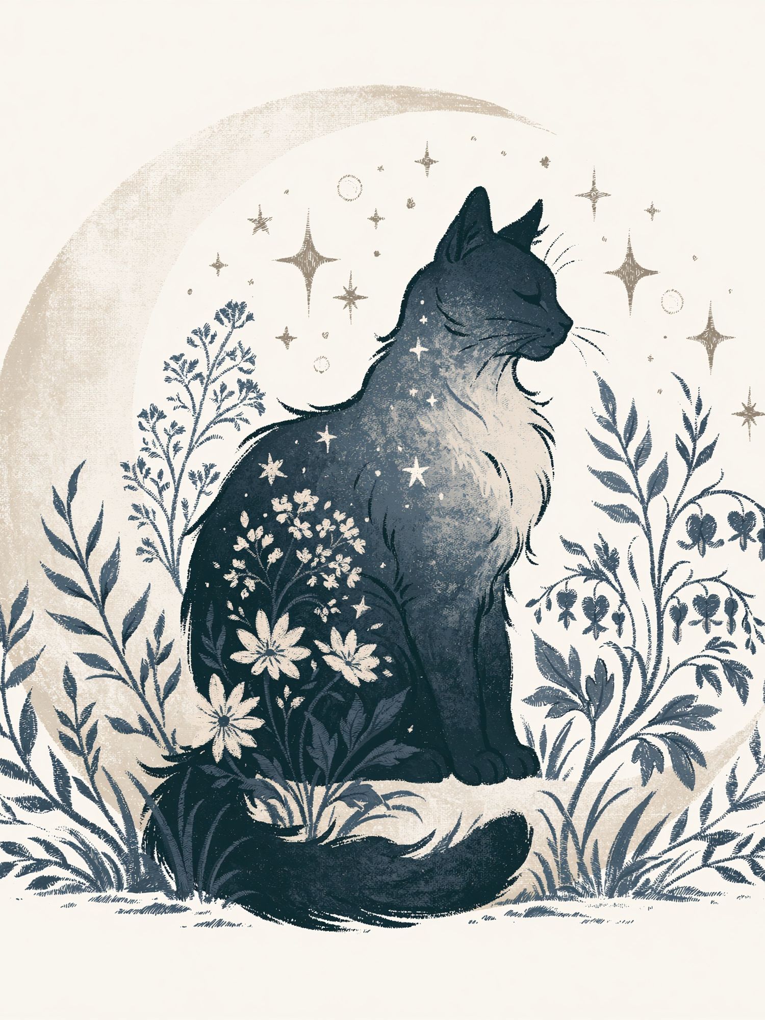 Moonlit Cat Botanical Print. poster — animals art