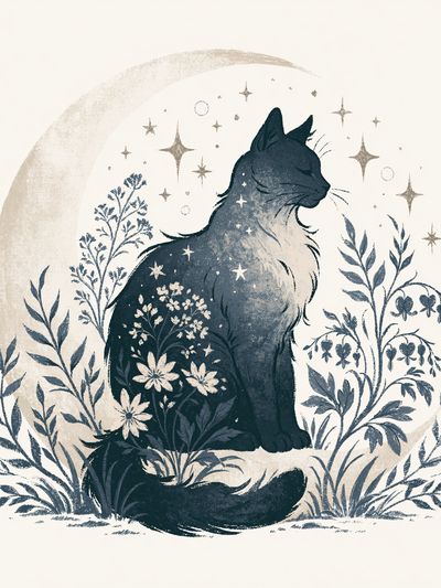 Moonlit Cat Botanical Print. poster