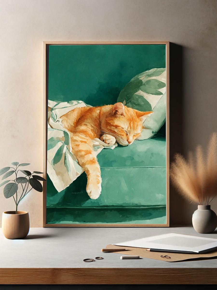 Sleeping Orange Cat — Illustration Print. — room view 2