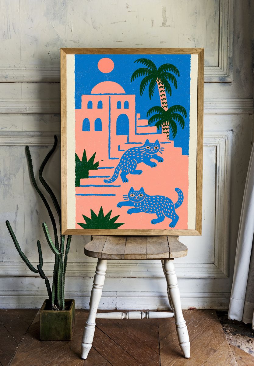 Tropical Cats Illustration Poster. — room view 1