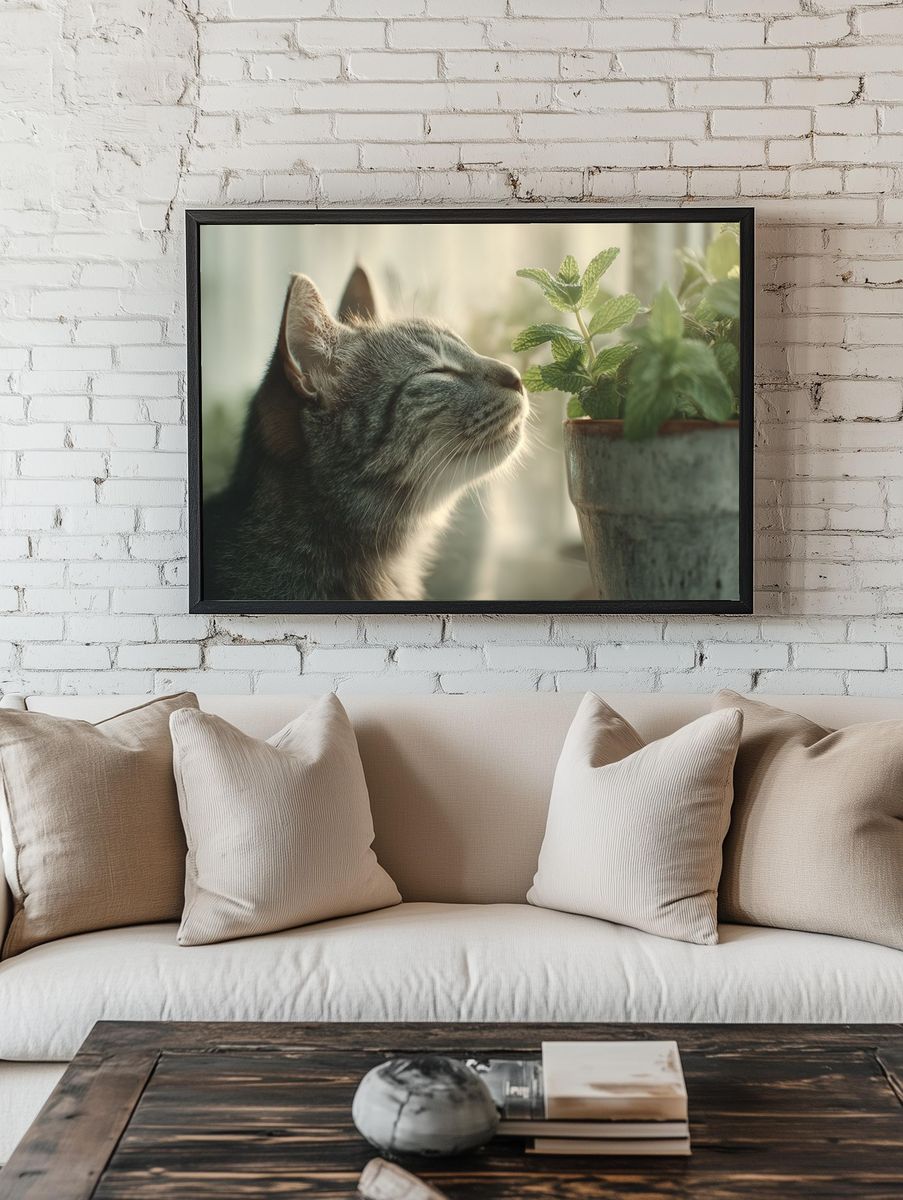 Cat and Mint Botanical Poster room preview