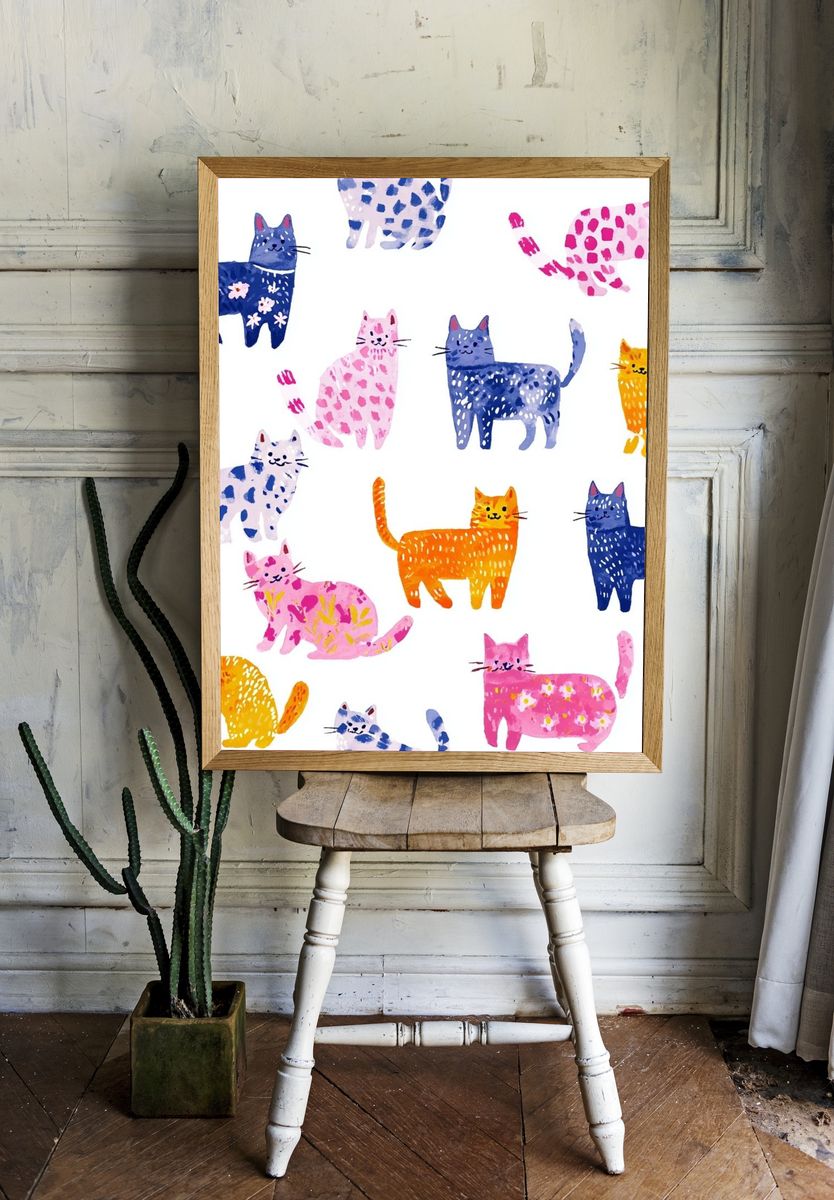 Colorful Cats — Watercolor Print. — room view 1
