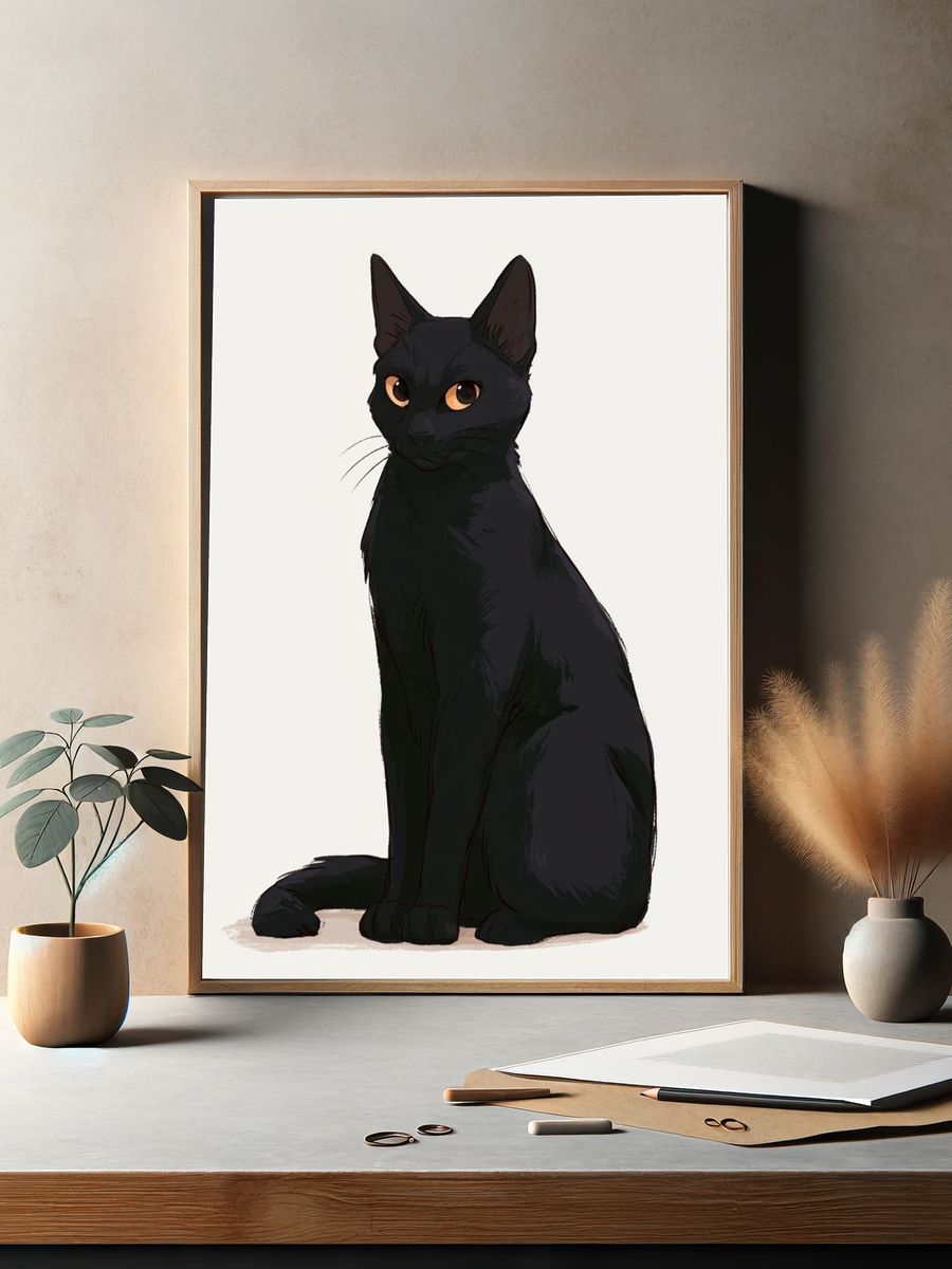 Black Cat Portrait Illustration Poster. — room view 2