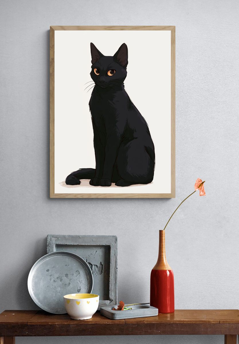 Black Cat Portrait Illustration Poster. — room view 3