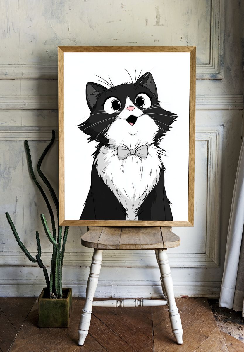 Happy Cat with Bowtie — Cartoon Print room preview