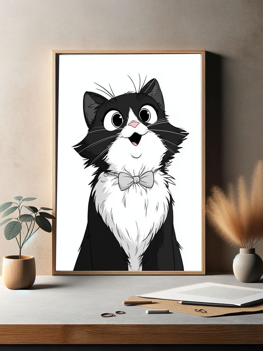 Happy Cat with Bowtie — Cartoon Print. — room view 2