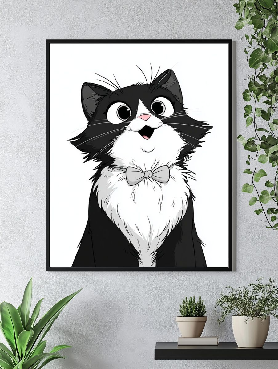 Happy Cat with Bowtie — Cartoon Print. — room view 4