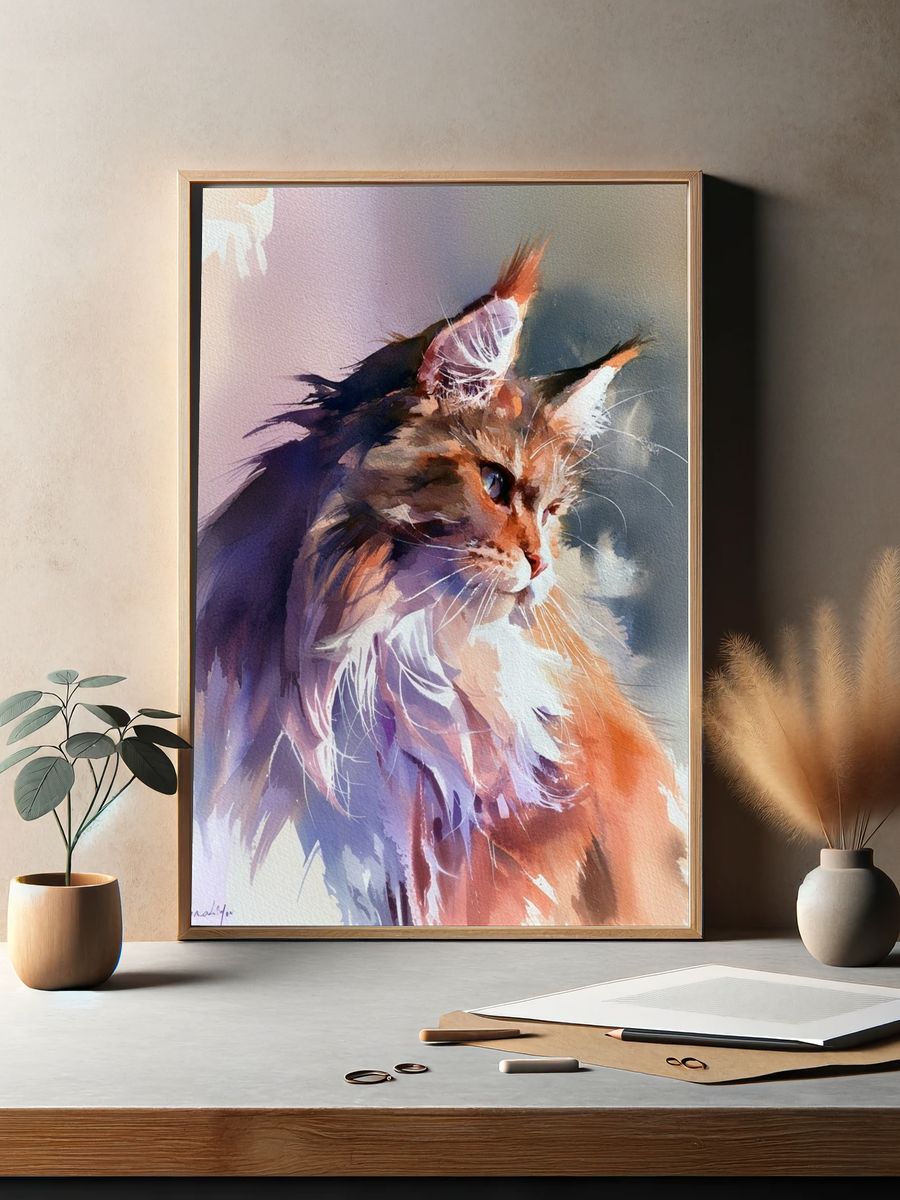 Majestic Cat Watercolor Poster. — room view 2