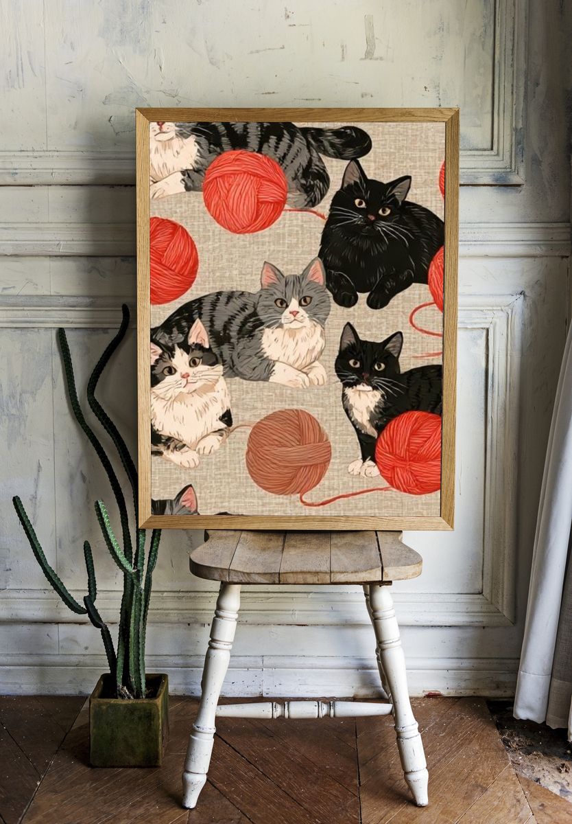 Cats and Yarn Illustration Poster. — room view 1