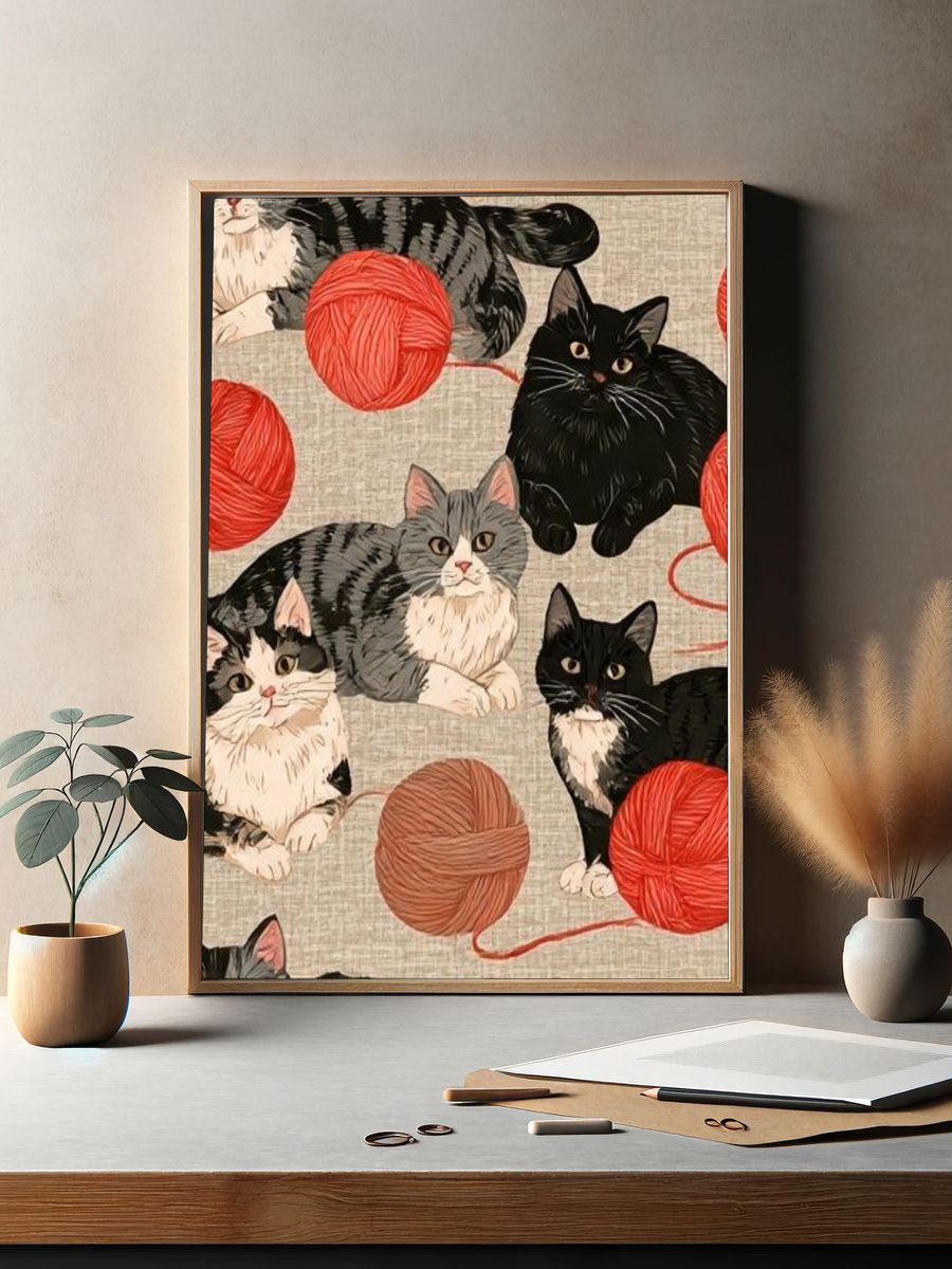 Cats and Yarn Illustration Poster. — room view 2