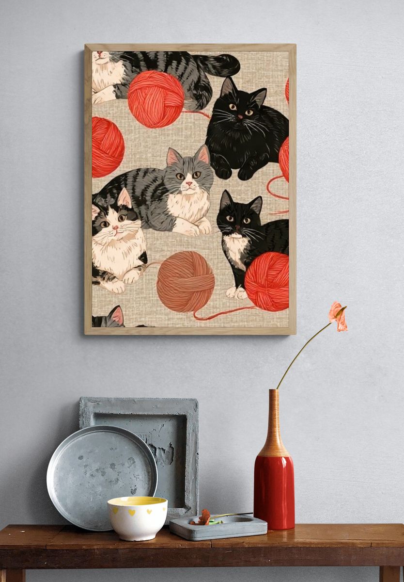 Cats and Yarn Illustration Poster. — room view 3