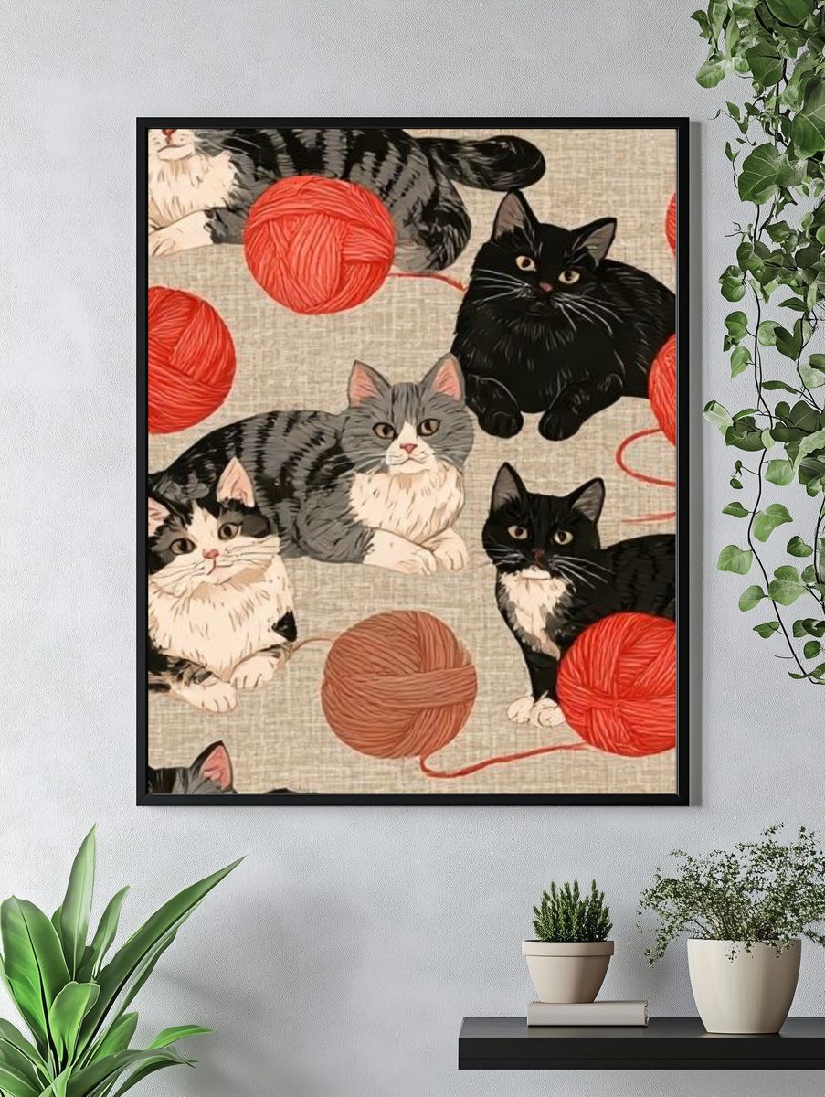 Cats and Yarn Illustration Poster. — room view 4