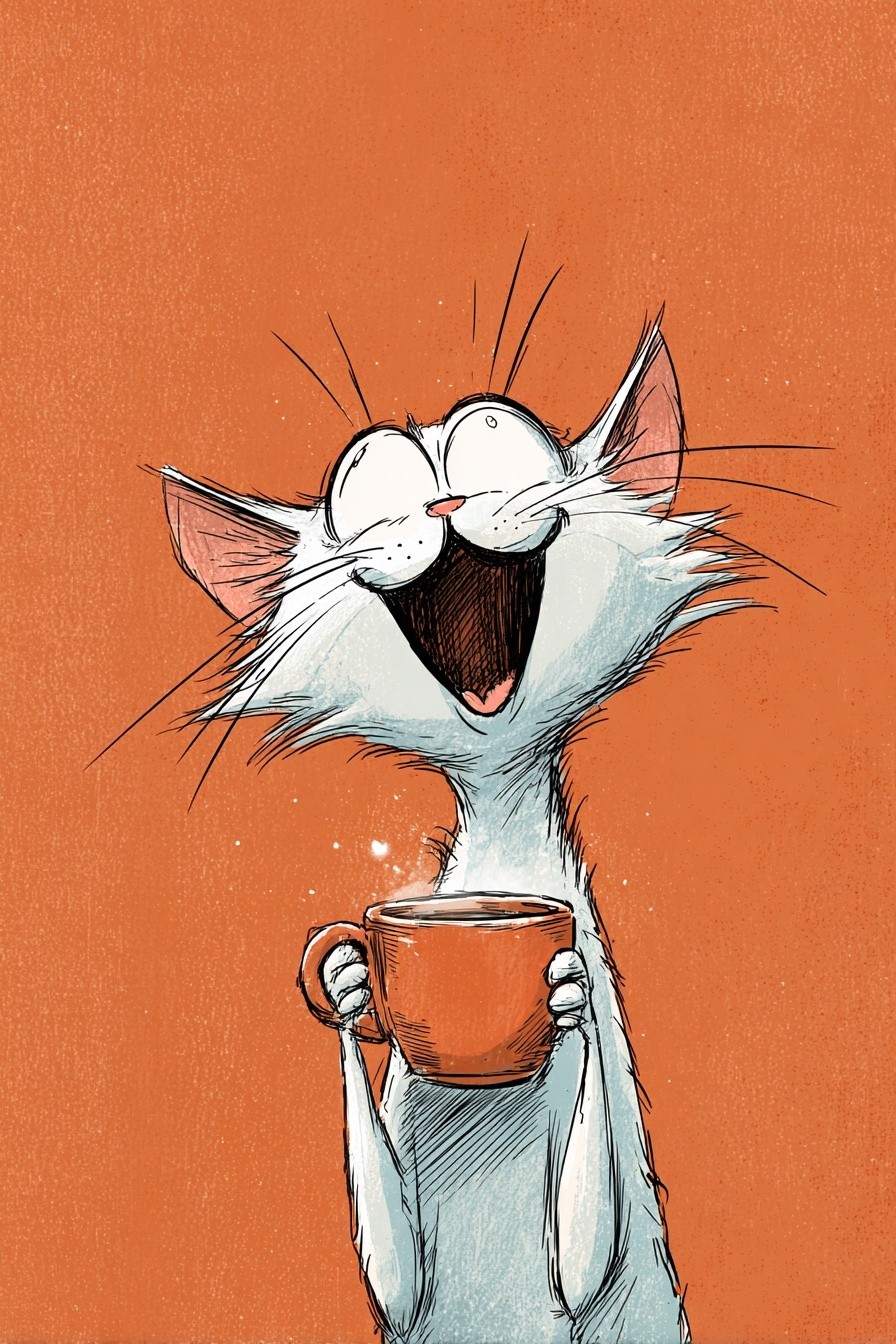 Happy Cat with Coffee — Cartoon Print. poster detail