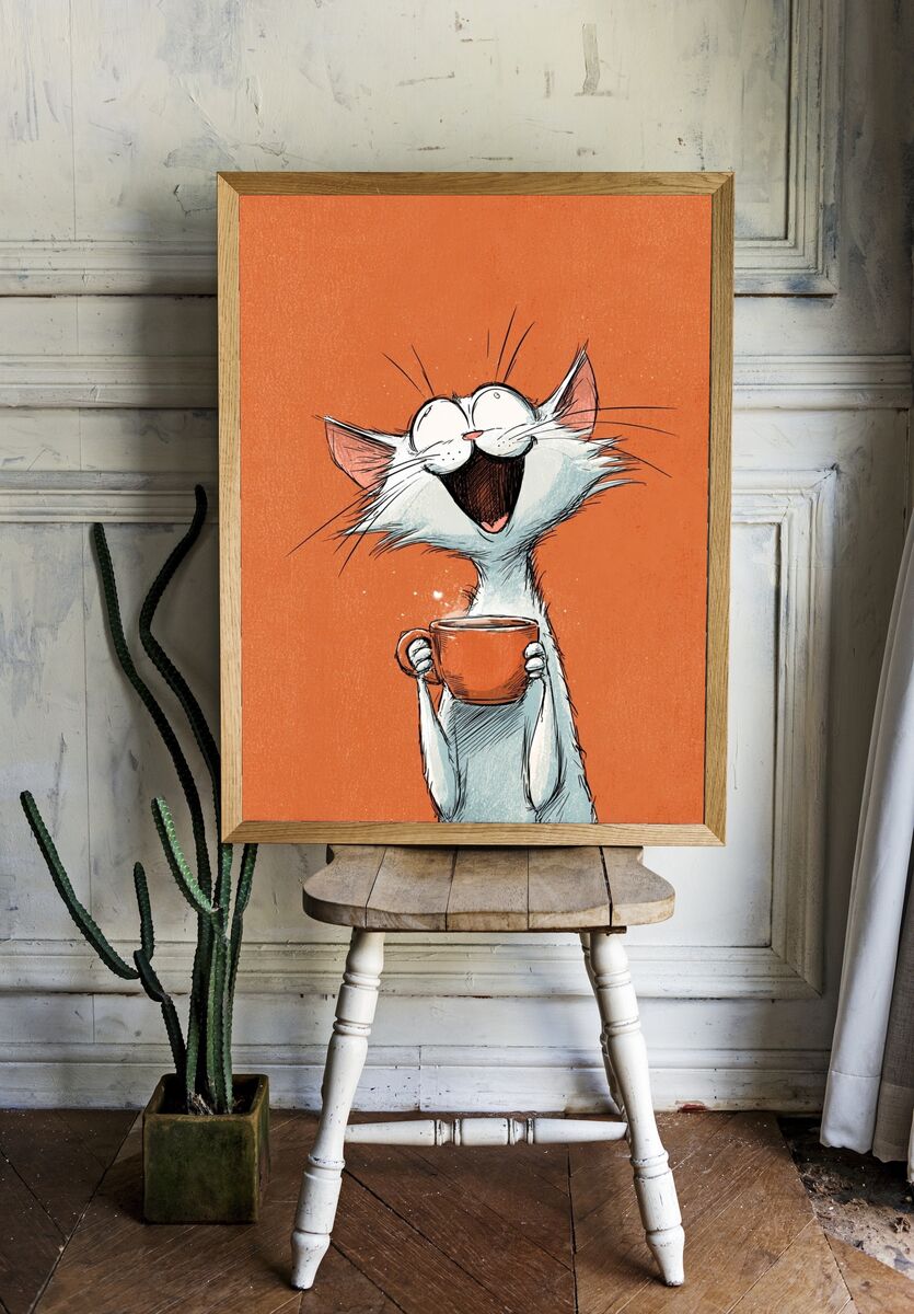 Happy Cat with Coffee — Cartoon Print. — room view 1
