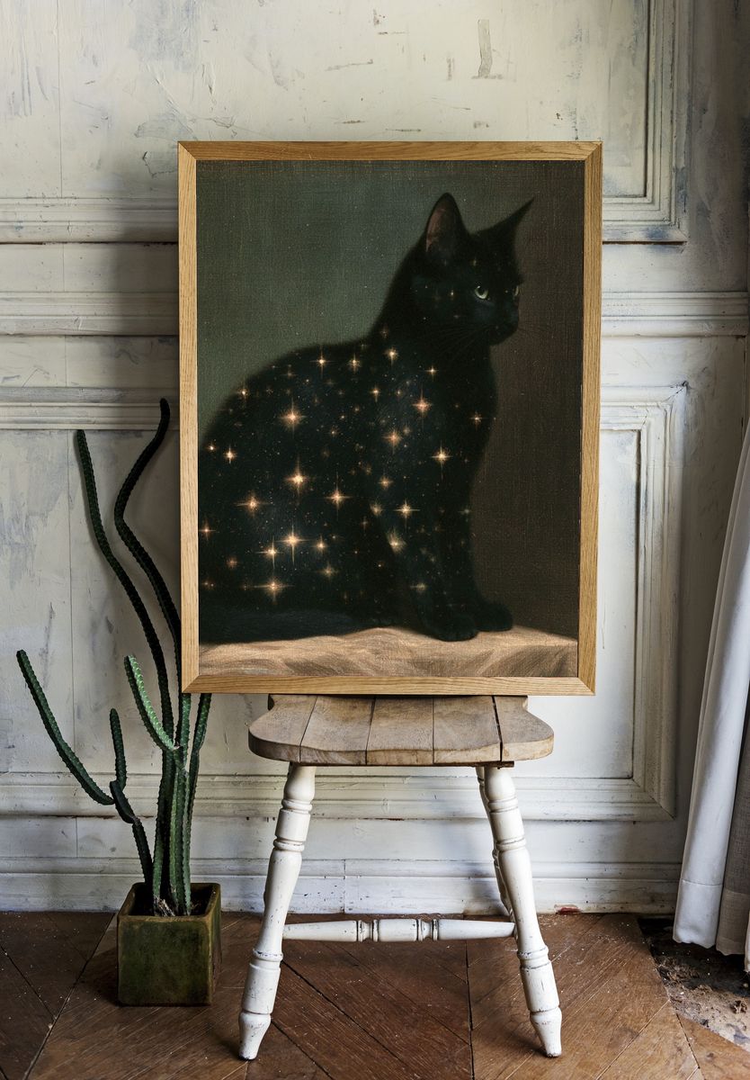 Celestial Black Cat Illustration Poster. room preview