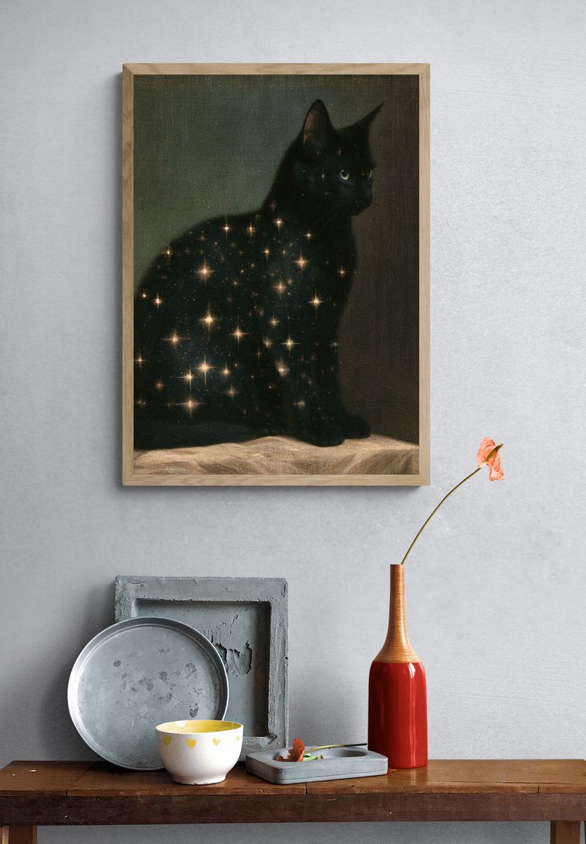 Celestial Black Cat Illustration Poster. — room view 3