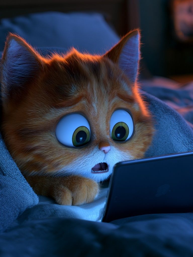 Surprised Cat with Tablet Illustration Print. poster detail