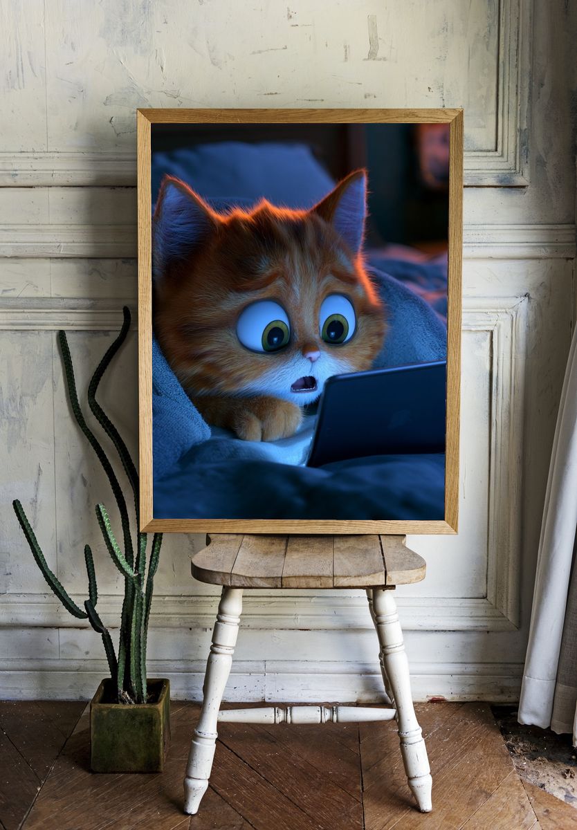 Surprised Cat with Tablet Illustration Print. — room view 1