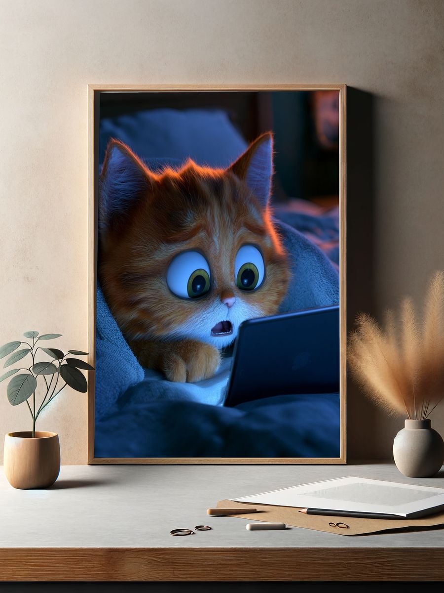 Surprised Cat with Tablet Illustration Print. — room view 2