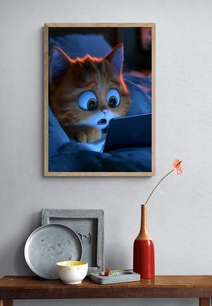 Surprised Cat with Tablet Illustration Print. — room view 3