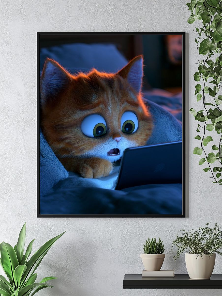 Surprised Cat with Tablet Illustration Print. — room view 4