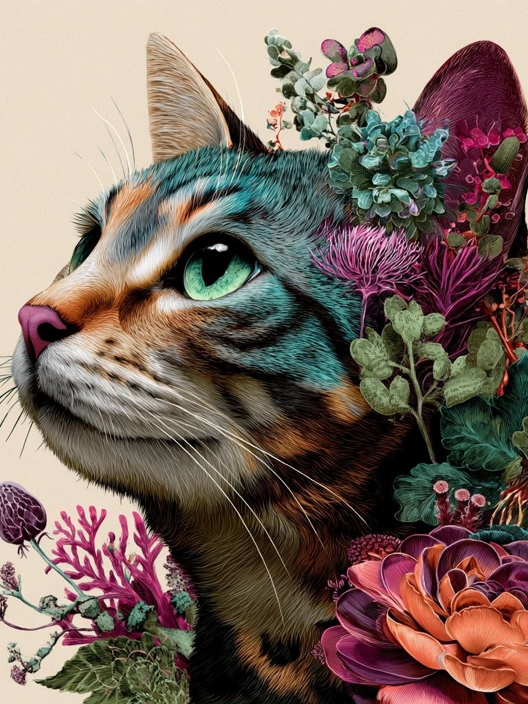 Floral Cat Illustration Poster. poster detail