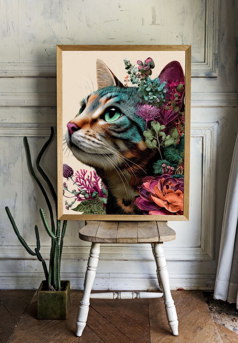 Floral Cat Illustration Poster room preview