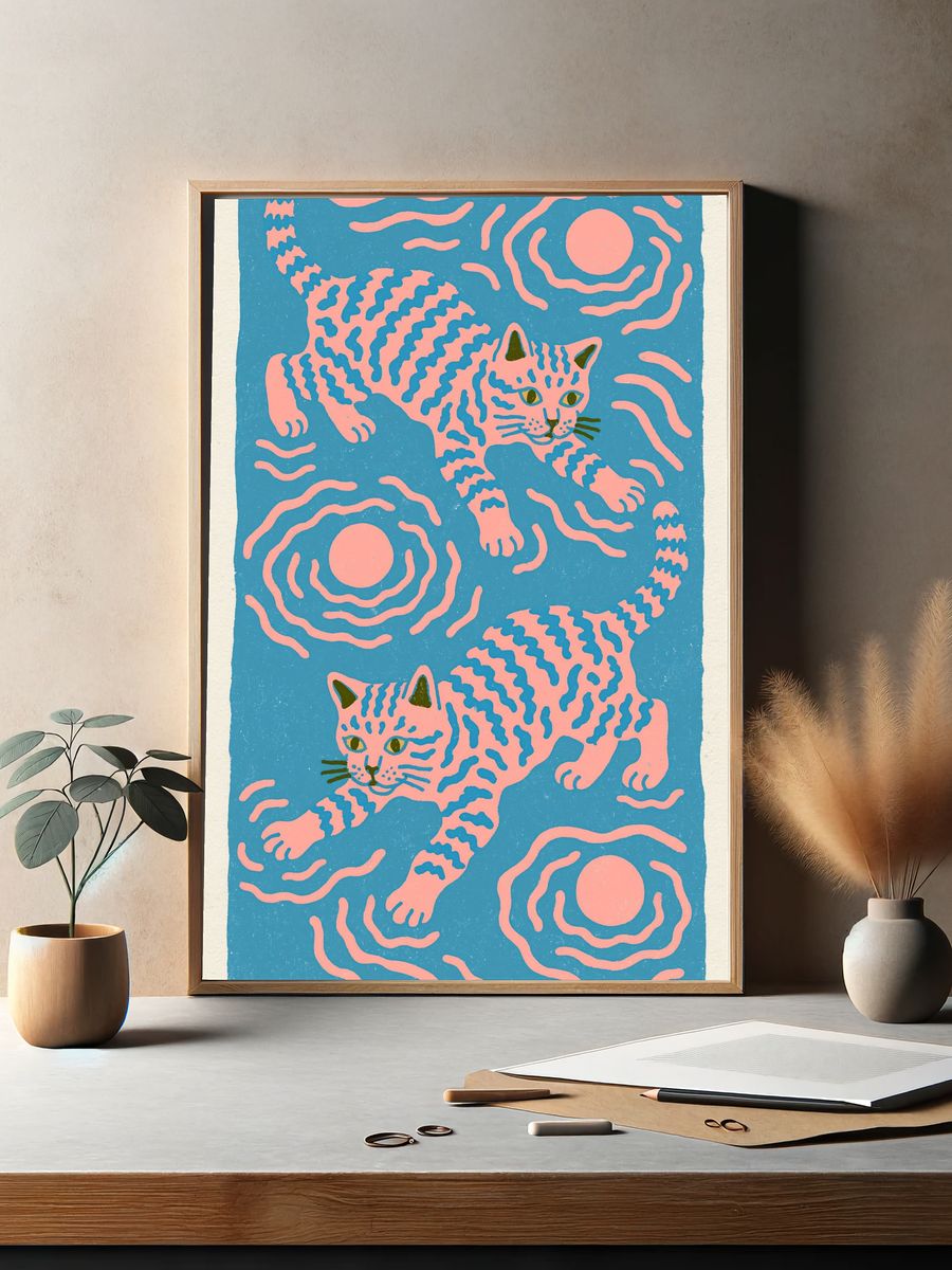 Playful Cats Illustration Poster. — room view 2