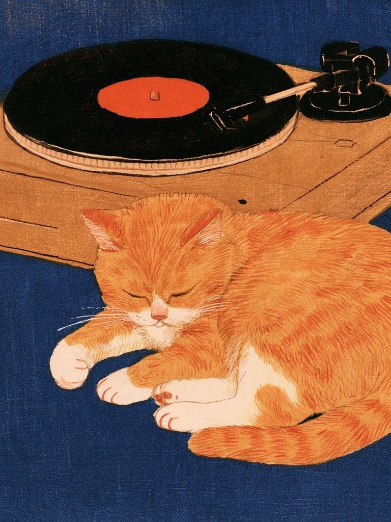 Sleeping Cat and Turntable Print. poster detail
