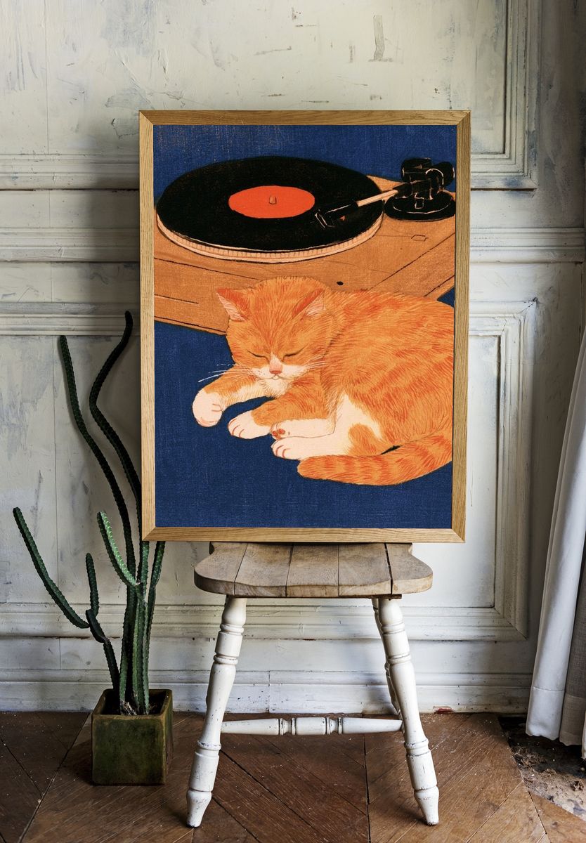 Sleeping Cat and Turntable Print. — room view 1