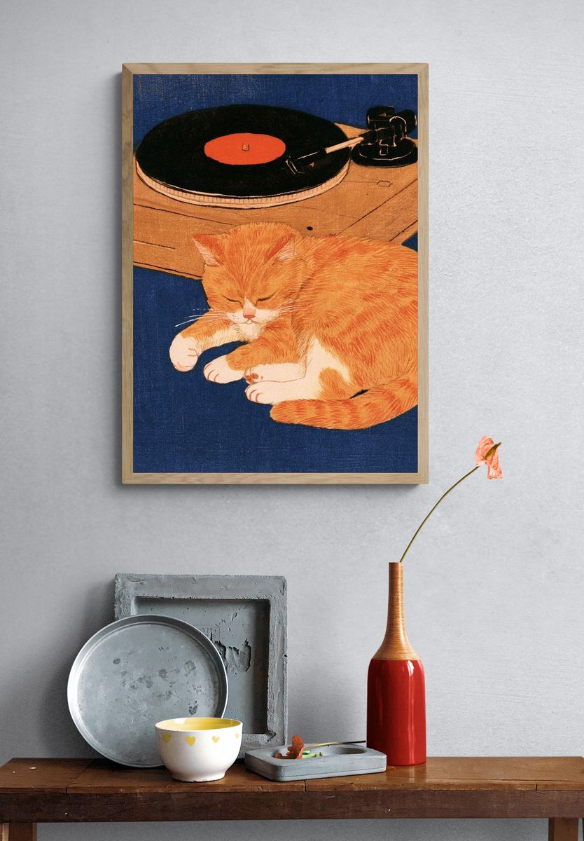 Sleeping Cat and Turntable Print. — room view 3