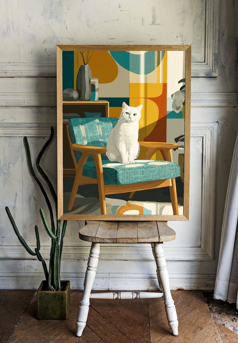 White Cat in Mid-Century Chair — Illustration Print room preview