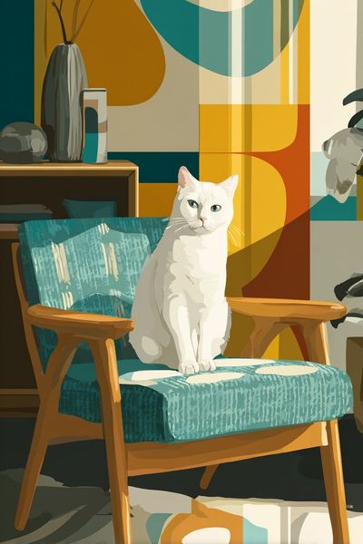White Cat in Mid-Century Chair — Illustration Print. poster print