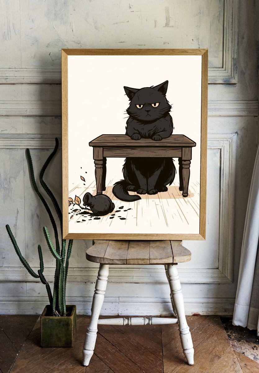 Grumpy Black Cat Illustration Poster. — room view 1