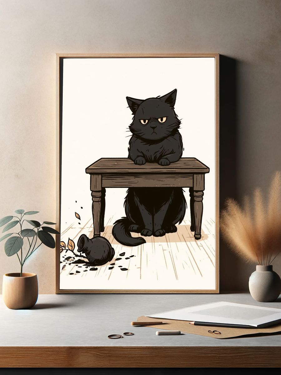 Grumpy Black Cat Illustration Poster. — room view 2