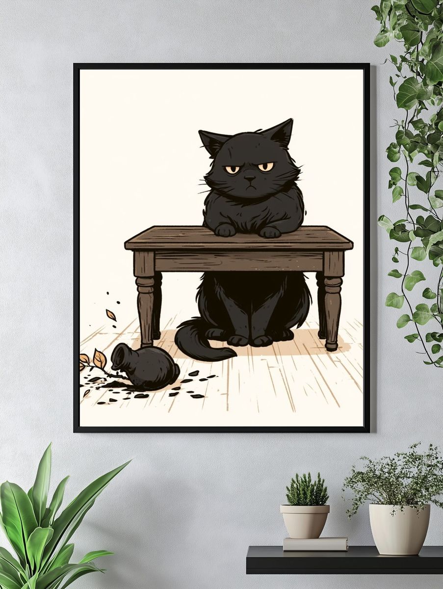 Grumpy Black Cat Illustration Poster. — room view 4
