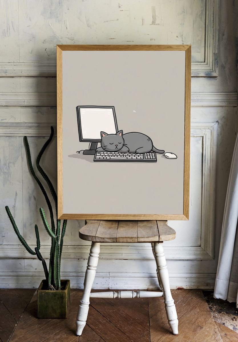 Sleeping Cat on Computer Keyboard — Cartoon Print. — room view 1