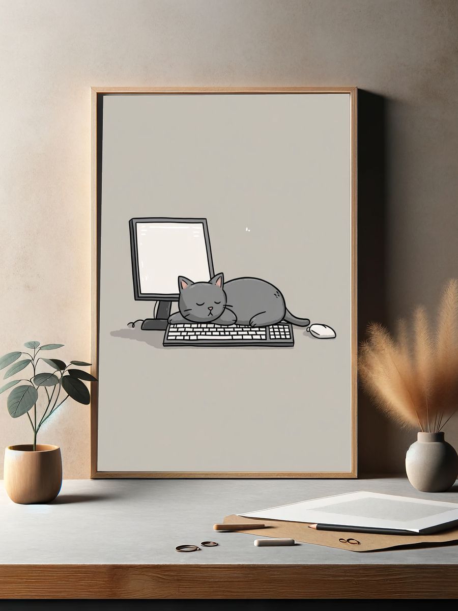 Sleeping Cat on Computer Keyboard — Cartoon Print. — room view 2